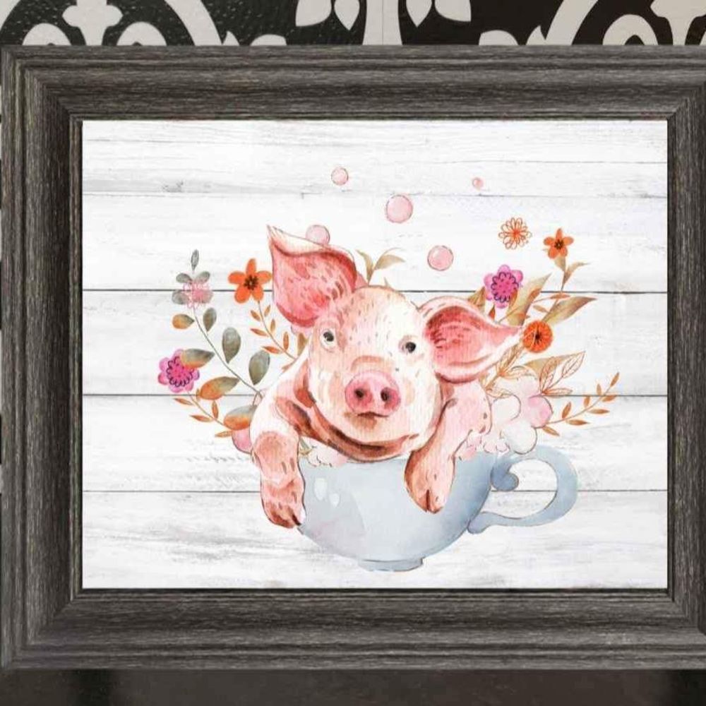 New Framed Pig Teacup Rustic Farmhouse Print